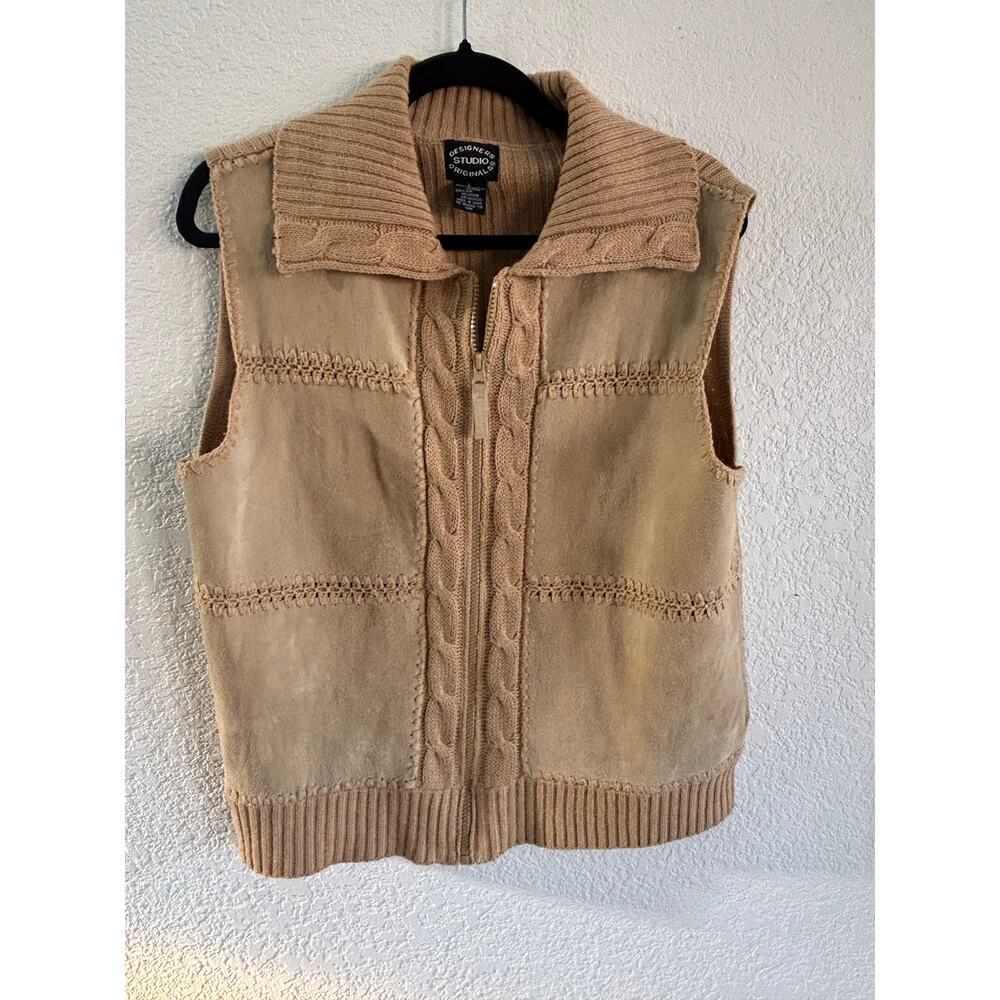 Vintage Y2K Designers Studio Western Rodeo Vest Leather Beige Rib Sweater Large